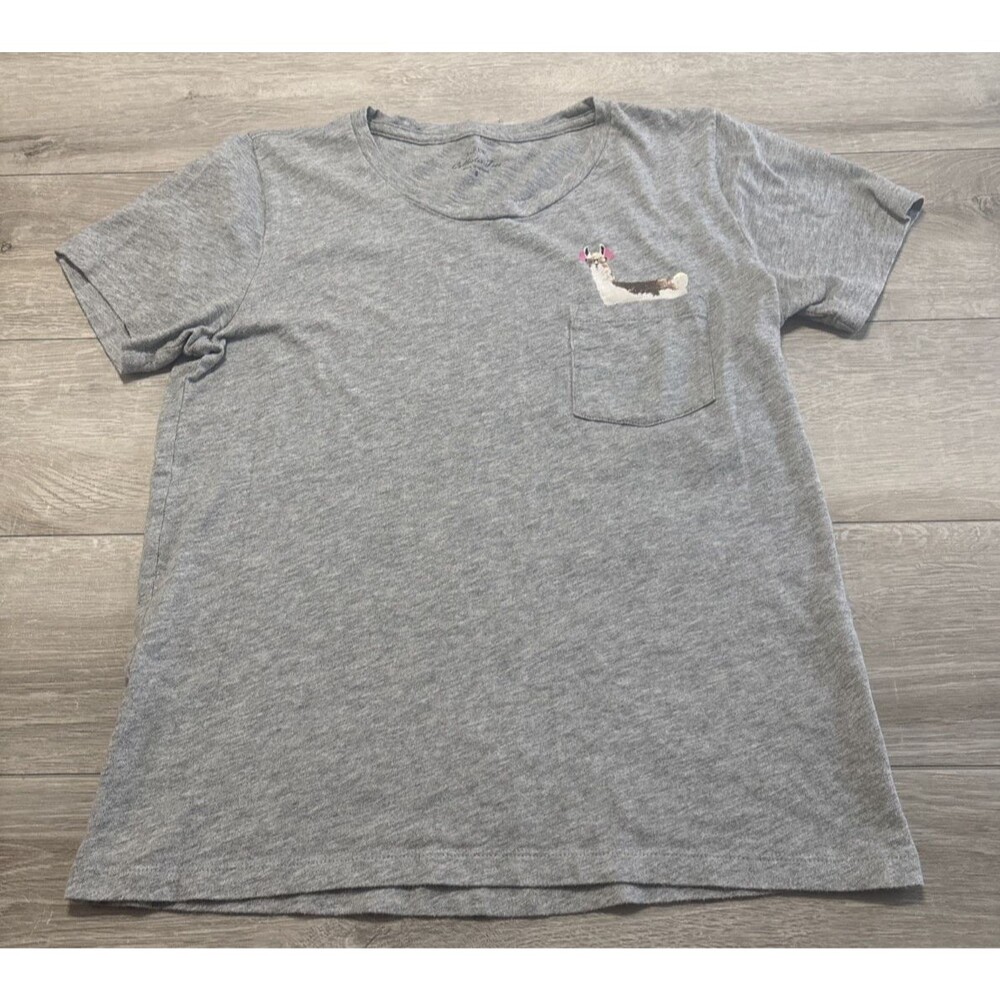 J. CREW Gray Collector Tees Llama Peeking Pocket Glasses Skateboard Gold Pink S